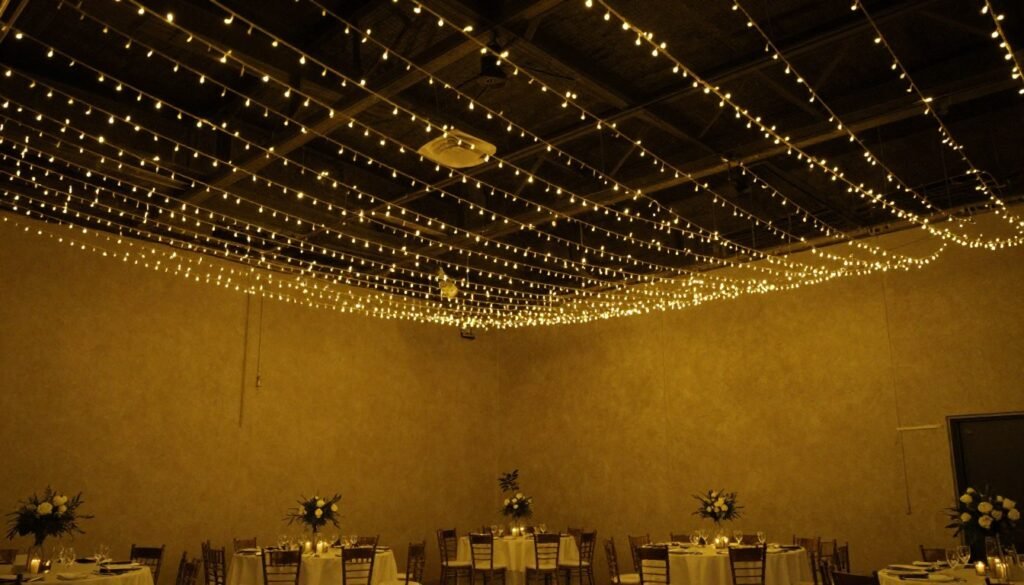 Wedding reception space transformed with simple string lights Wedding reception space transformed with simple string lights