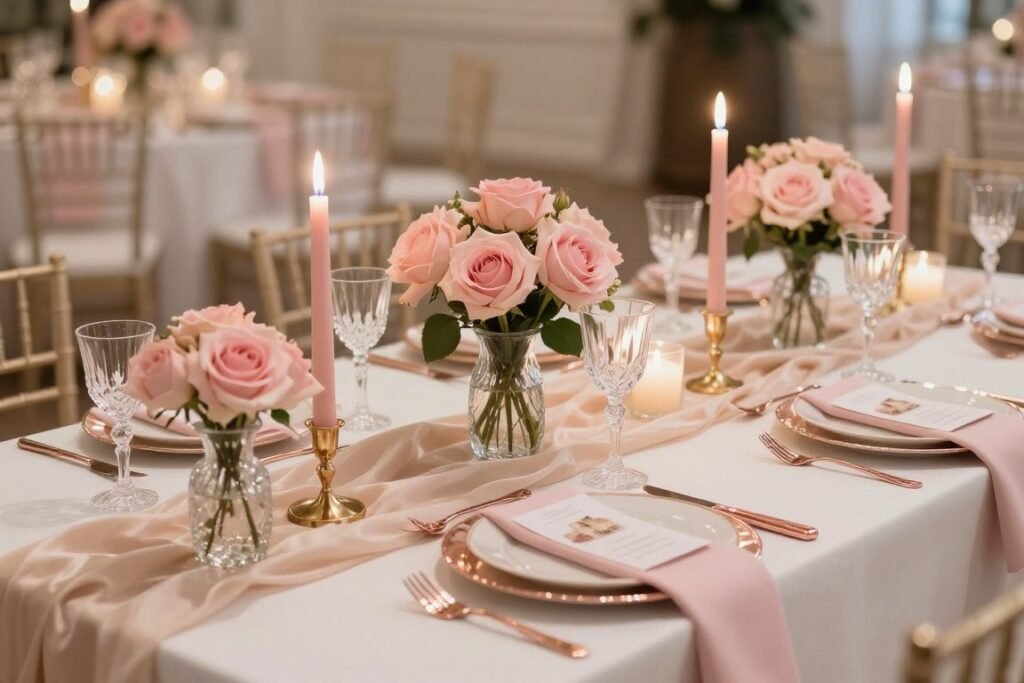 Wedding reception table with blush and champagne color scheme featuring rose gold details, blush roses, and crystal glassware Wedding reception table with blush and champagne color scheme featuring rose gold details, blush roses, and crystal glassware