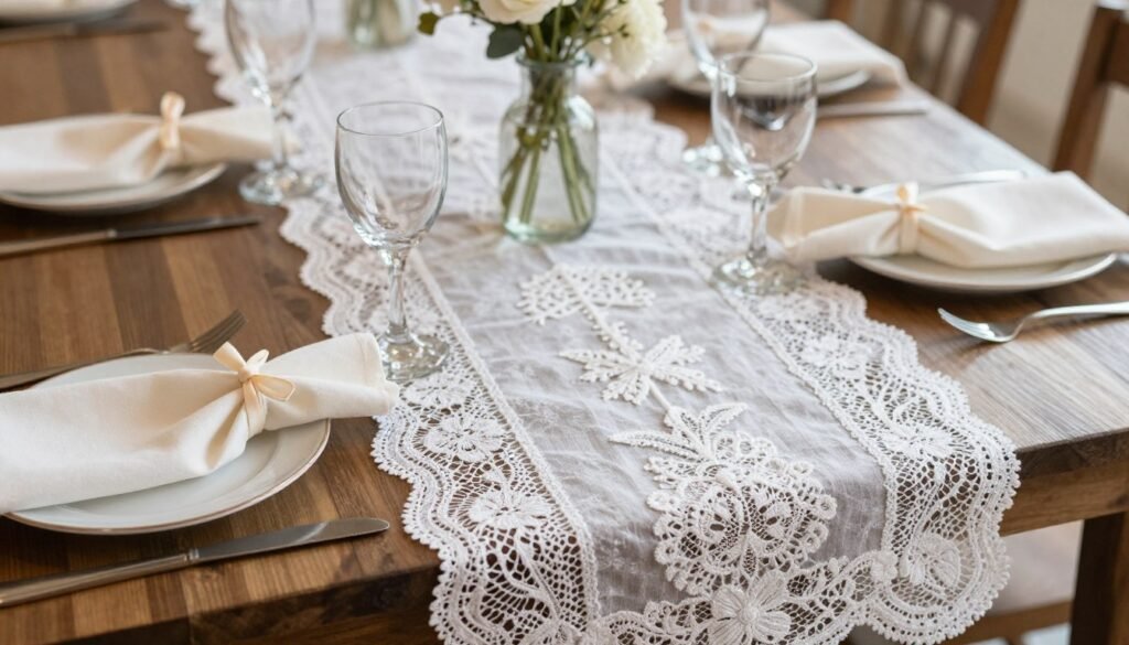 Wedding reception table with handmade fabric runner and coordinating napkins