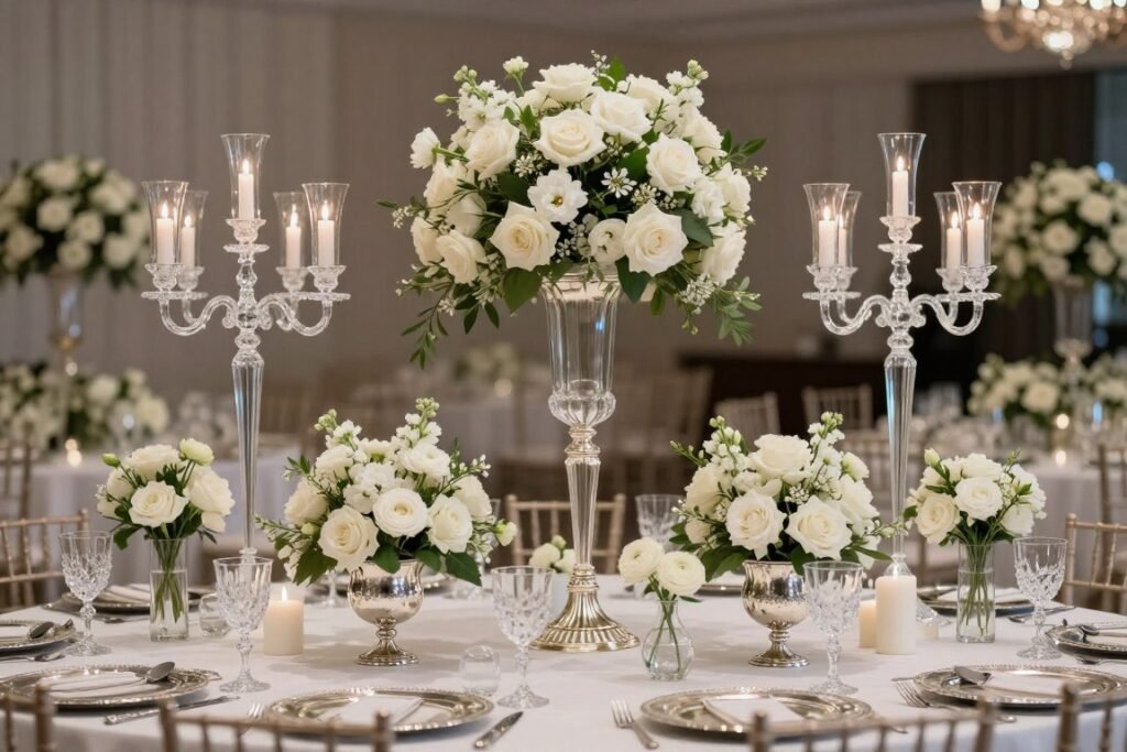 Wedding reception table with multiple crystal and silver vessels holding white floral arrangements of varying heights Wedding reception table with multiple crystal and silver vessels holding white floral arrangements of varying heights