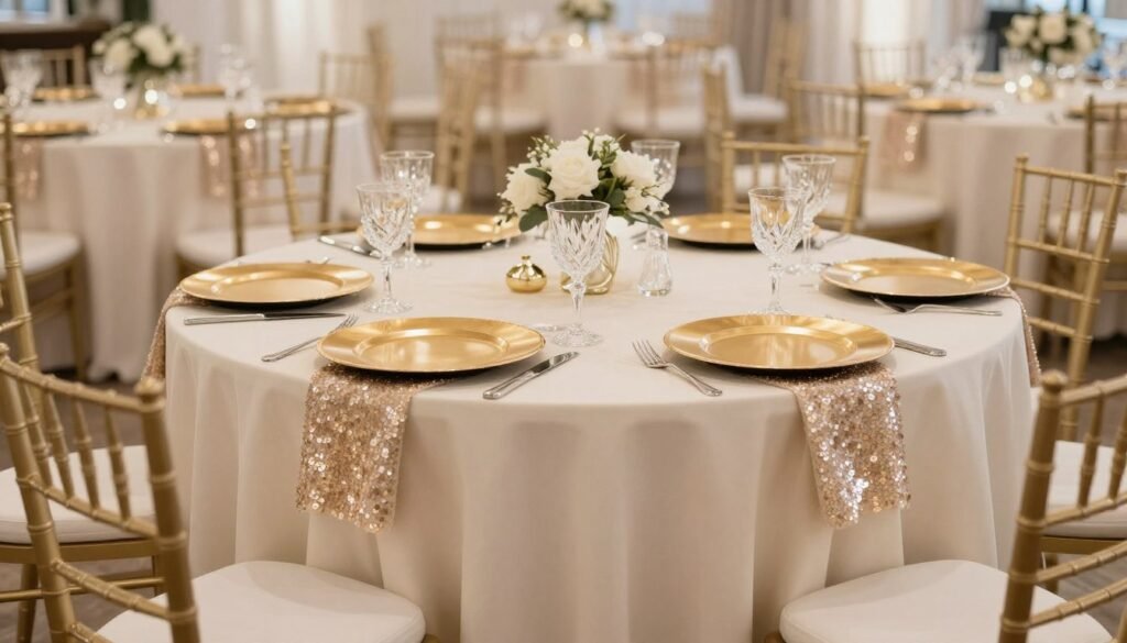 Wedding reception table with sequin overlay and gold accents