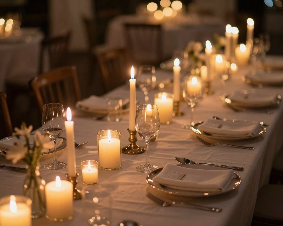 Wedding reception tables illuminated by numerous candles