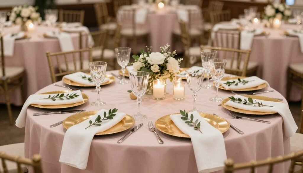 Wedding reception tables with blush pink linens, gold chargers, crystal glassware, and white napkins with greenery sprigs