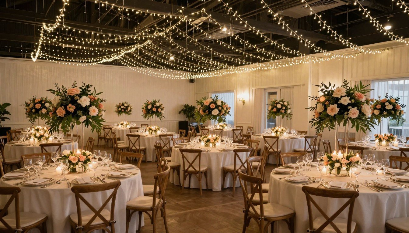 Wedding reception venue with elegant decorations featuring floral centerpieces, candles, and string lights