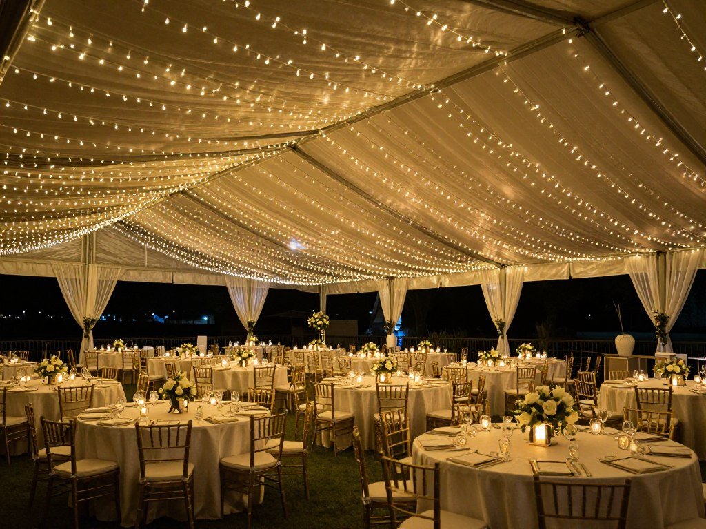 Wedding reception with a ceiling canopy of string lights Wedding reception with a ceiling canopy of string lights