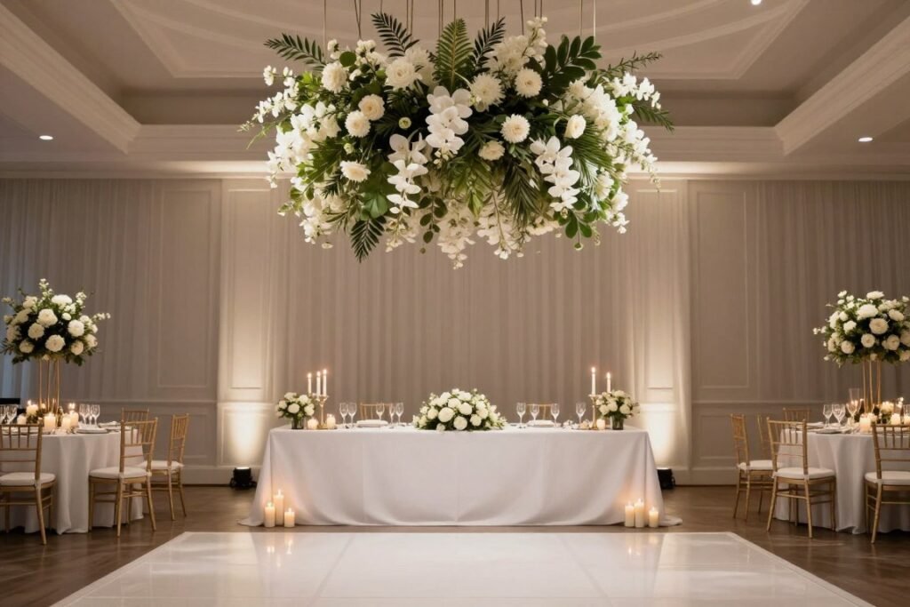 Wedding reception with a statement floral installation as the focal point with minimal table decor