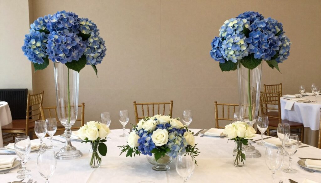 Wedding reception with blue hydrangeas and white roses representing family traditions