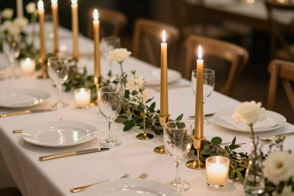 Wedding reception with candle-focused centerpieces featuring elegant taper candles in gold holders with minimal greenery Wedding reception with candle-focused centerpieces featuring elegant taper candles in gold holders with minimal greenery