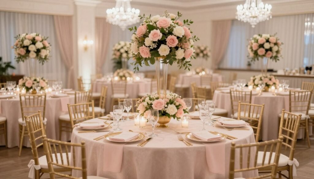 Wedding reception with coordinated blush and gold color scheme