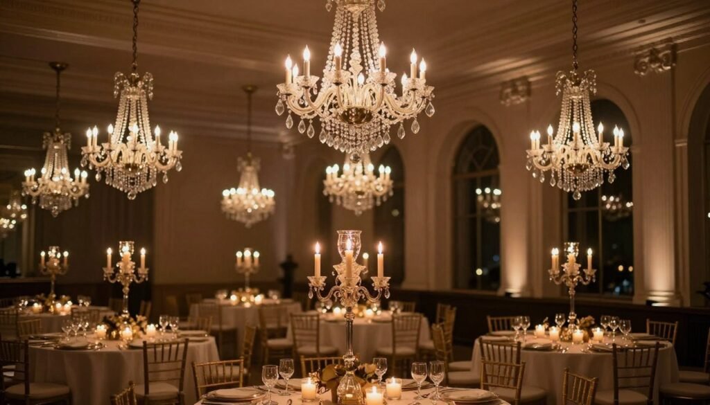 Wedding reception with crystal chandeliers, warm ambient lighting, and candles on tables creating a luxurious atmosphere Wedding reception with crystal chandeliers, warm ambient lighting, and candles on tables creating a luxurious atmosphere
