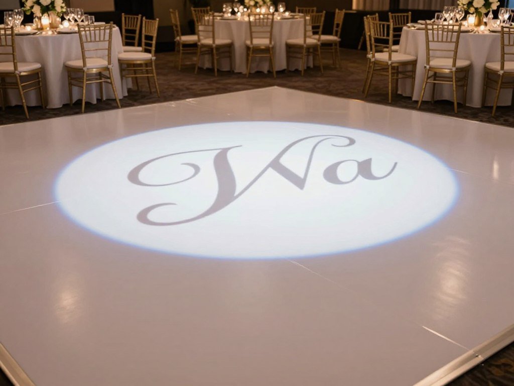 Wedding reception with custom monogram projection on dance floor