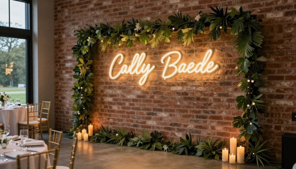 Wedding reception with custom neon sign backdrop