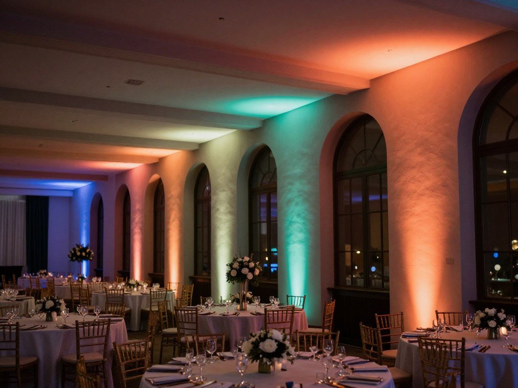 Wedding reception with dramatic colored uplighting transforming the venue walls