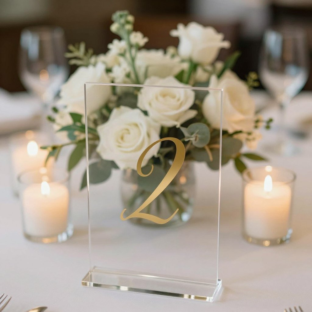 Wedding reception with elegant acrylic table numbers in gold calligraphy