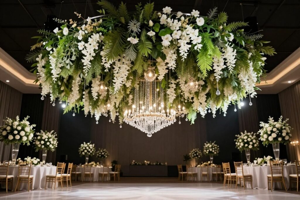 Wedding reception with hanging floral chandelier installation over dance floor