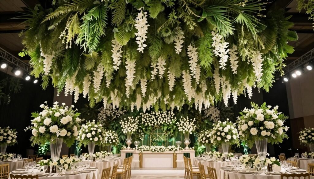 Wedding reception with hanging floral installation of greenery and white flowers above tables