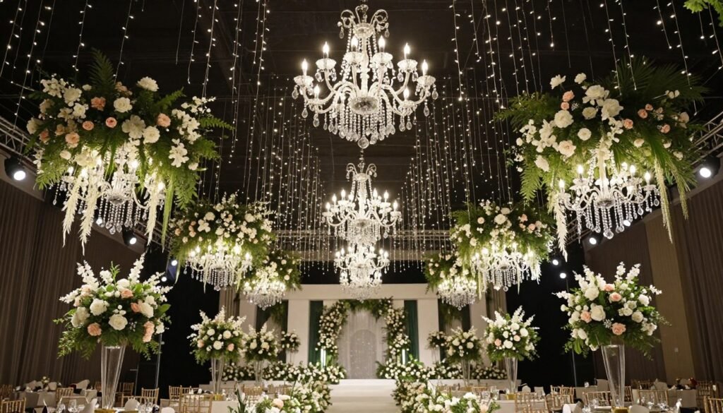 Wedding reception with hanging floral installations and crystal chandeliers creating a garden-like canopy Wedding reception with hanging floral installations and crystal chandeliers creating a garden-like canopy
