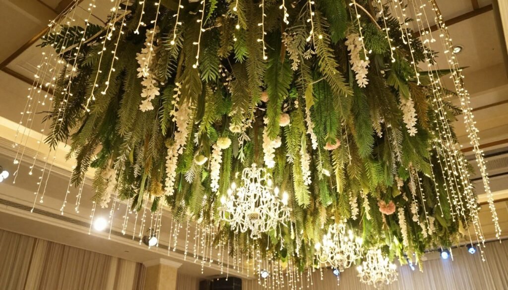 Wedding reception with hanging floral installations and string lights