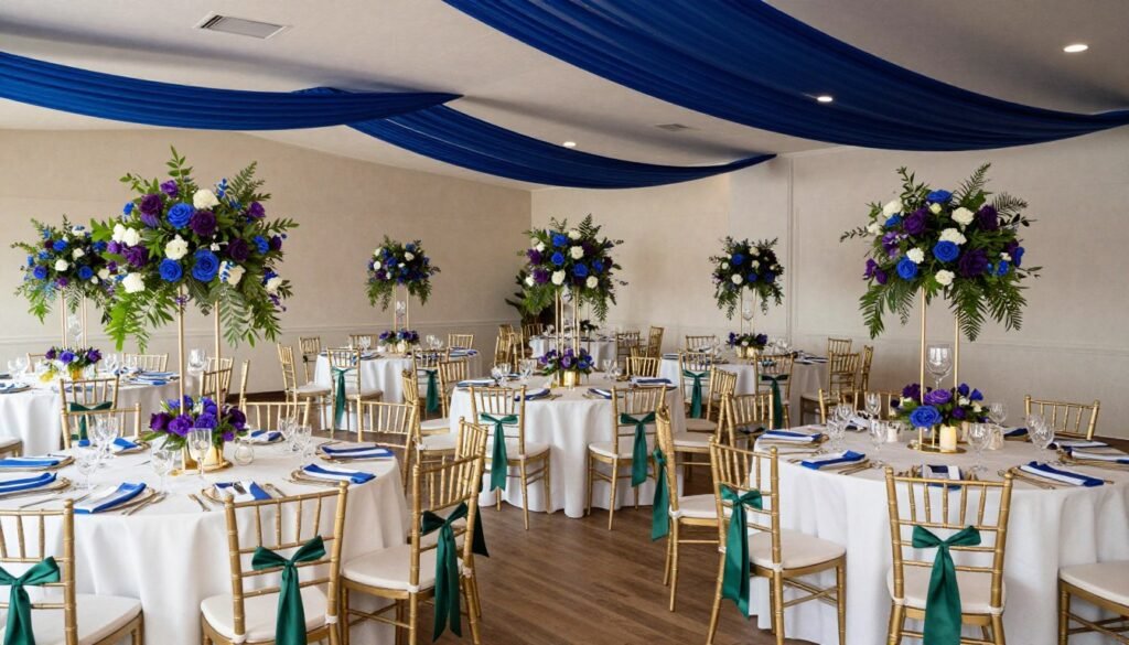 Wedding reception with jewel tone decor balanced by neutral elements like white linens and natural greenery Wedding reception with jewel tone decor balanced by neutral elements like white linens and natural greenery