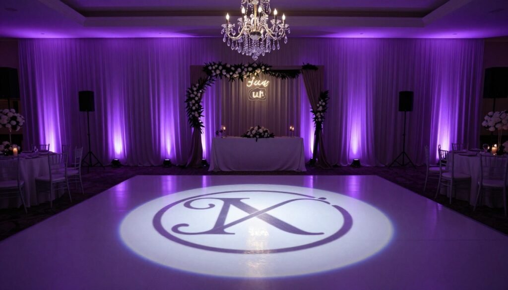 Wedding reception with monogram gobo light projection on dance floor surrounded by uplighting