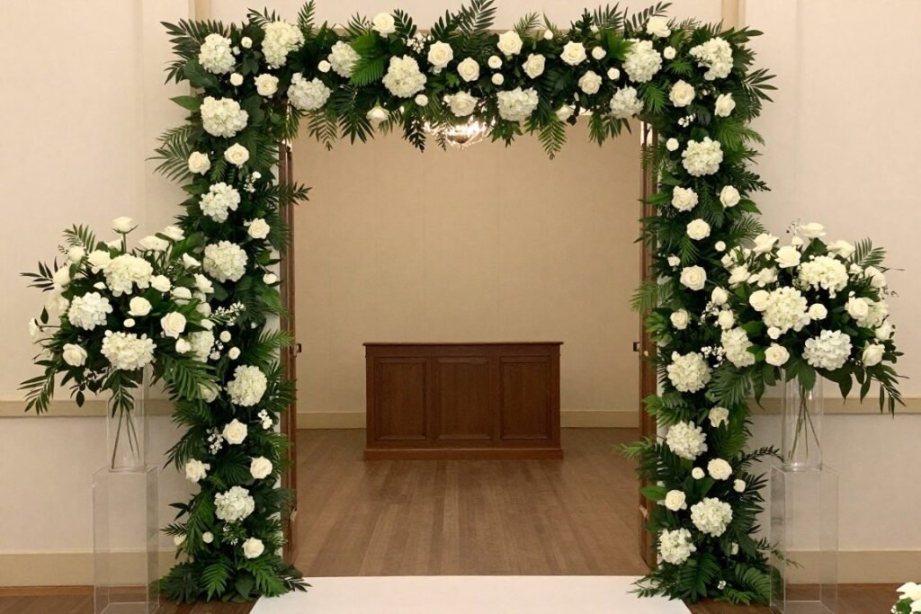 Wedding reception with repurposed ceremony flowers as decorations Wedding reception with repurposed ceremony flowers as decorations