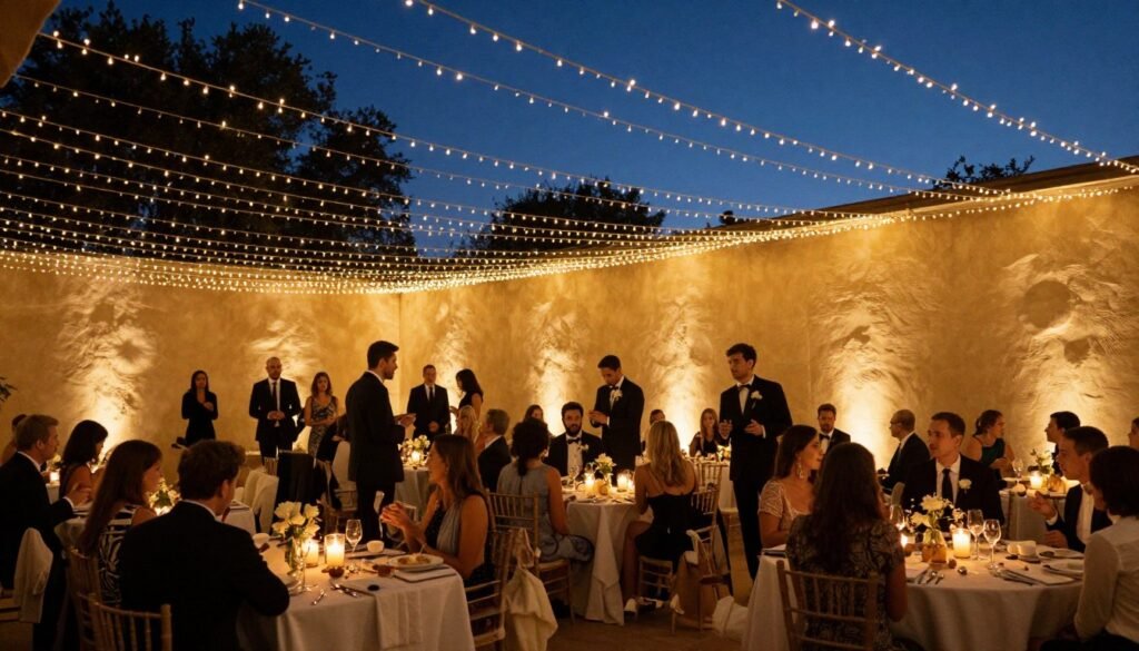 Wedding reception with romantic string lights and ambient lighting