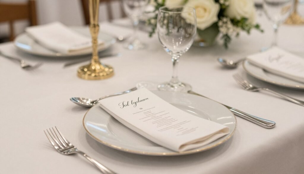 Wedding reception with simple finishing touches like menu cards and place settings Wedding reception with simple finishing touches like menu cards and place settings