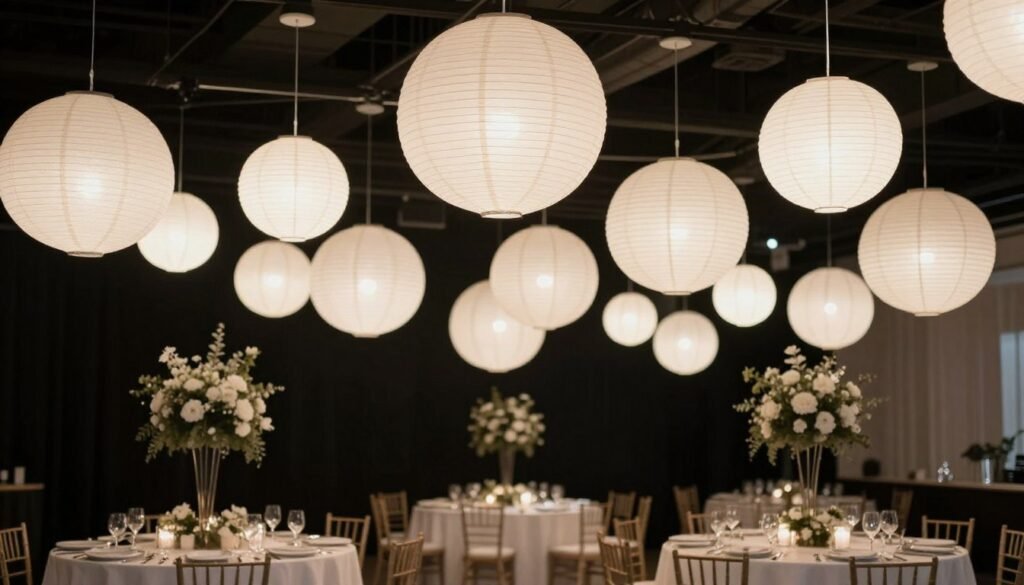 Wedding reception with simple paper lanterns hanging from ceiling Wedding reception with simple paper lanterns hanging from ceiling