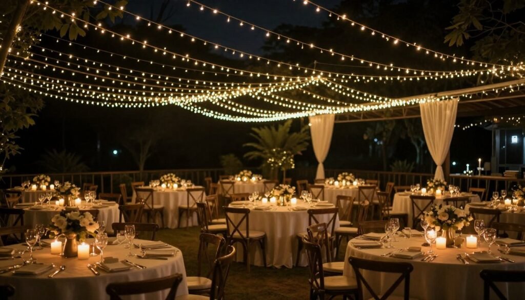 Wedding reception with string lights and candles creating a romantic atmosphere