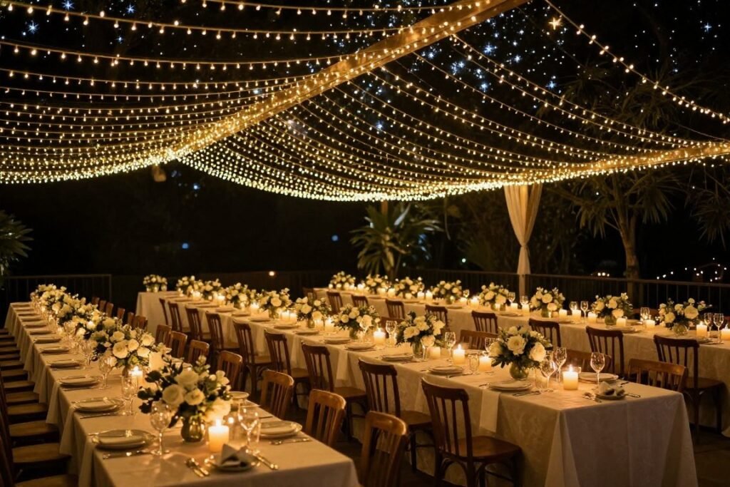 Wedding reception with string lights creating a canopy effect above tables with warm candlelight below Wedding reception with string lights creating a canopy effect above tables with warm candlelight below