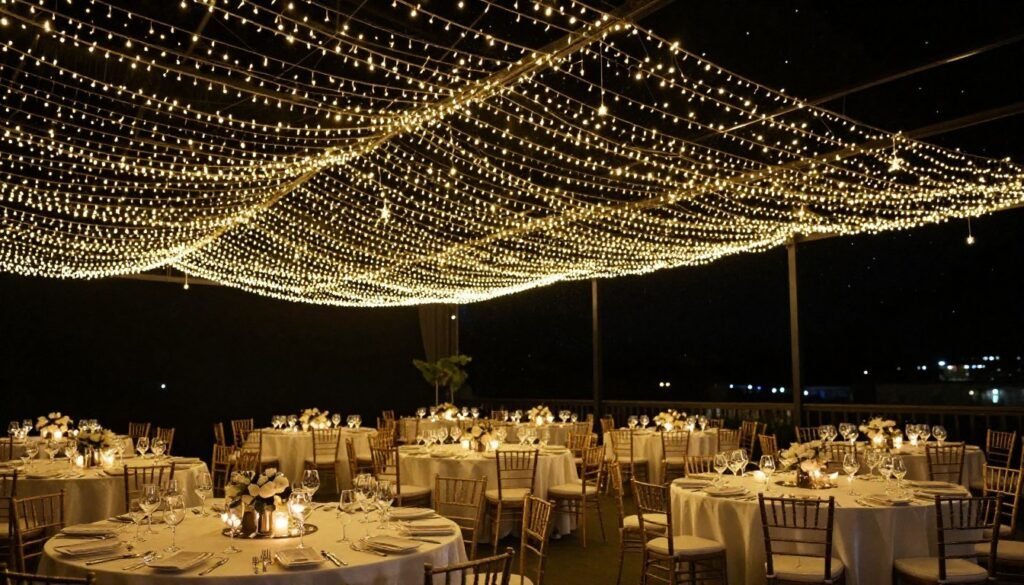 Wedding reception with string lights creating a canopy overhead, creating a magical atmosphere Wedding reception with string lights creating a canopy overhead, creating a magical atmosphere