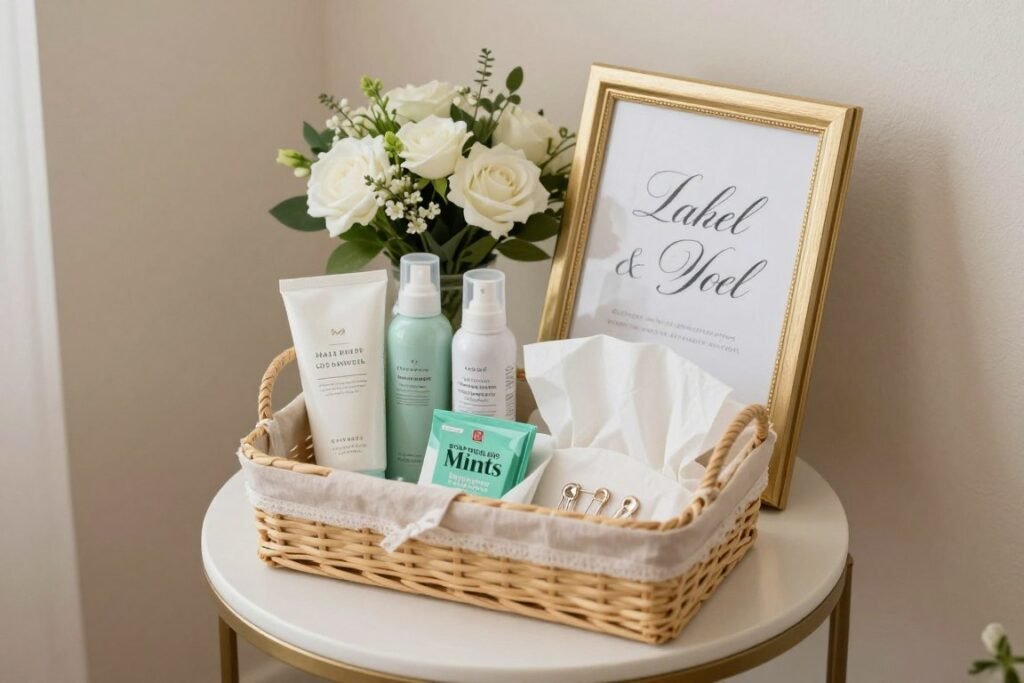 Wedding restroom amenity basket with essentials and decorative elements Wedding restroom amenity basket with essentials and decorative elements