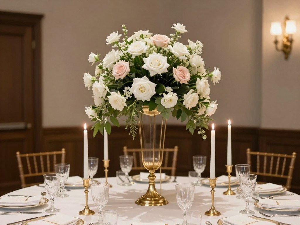 Wedding table centerpiece with tall floral arrangement, candles, and gold accents