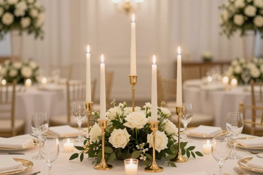 Wedding table centerpiece with taper candles and floral arrangement