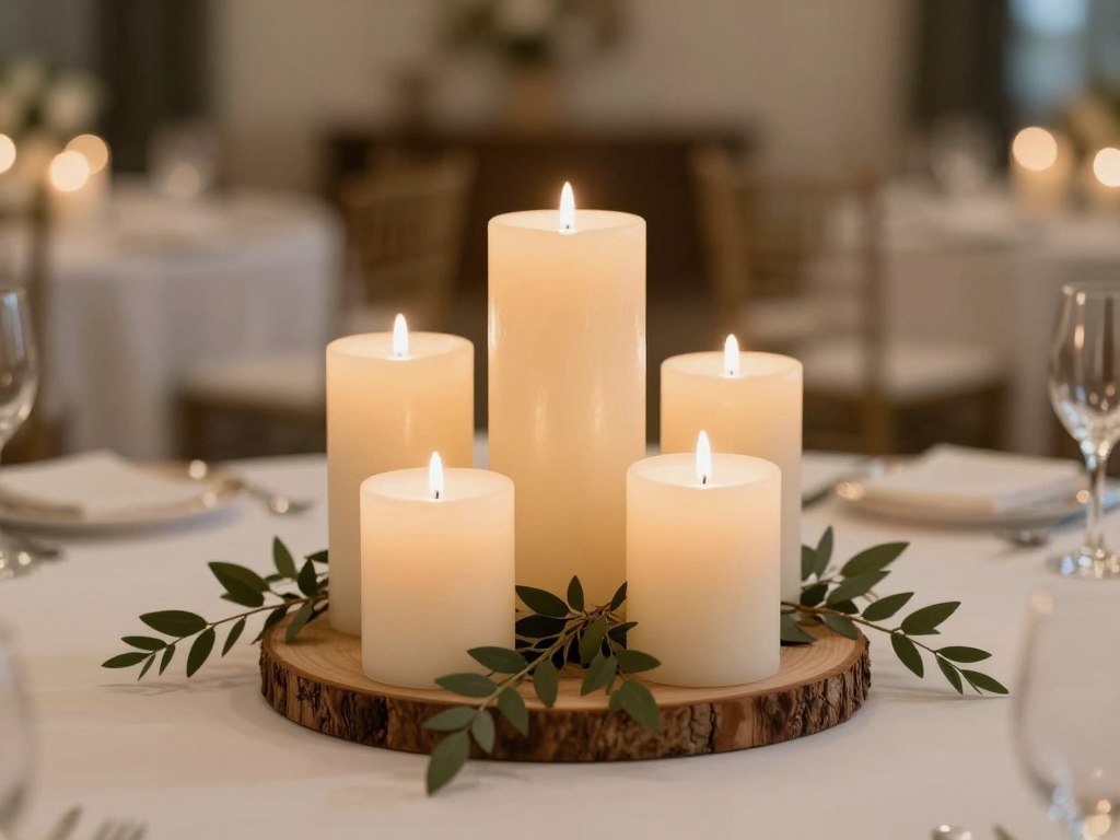 Wedding table centerpiece with various heights of pillar candles Wedding table centerpiece with various heights of pillar candles