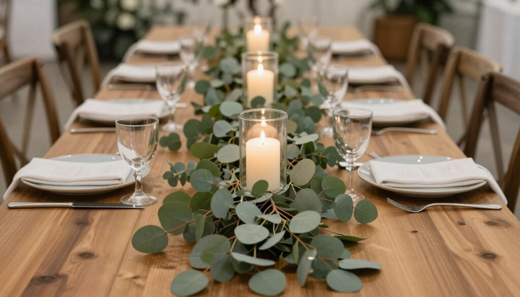 Wedding table decorated with eucalyptus garland and candles