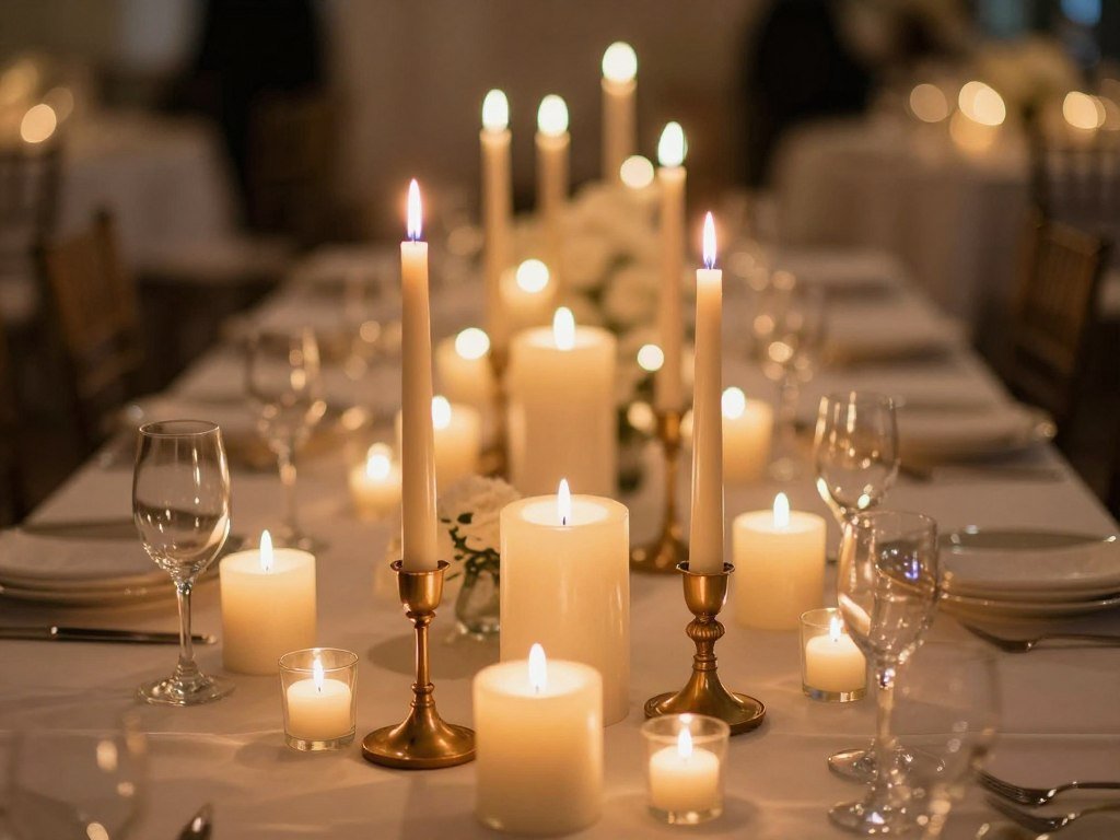 Wedding table decorated with multiple candles creating romantic atmosphere