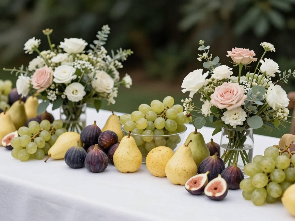 Wedding table decorated with seasonal fruits among flowers Wedding table decorated with seasonal fruits among flowers