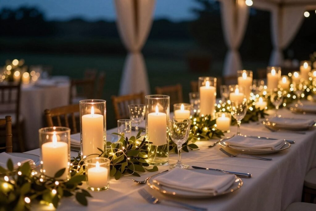 Wedding table decorations with candles and fairy lights creating warm ambiance