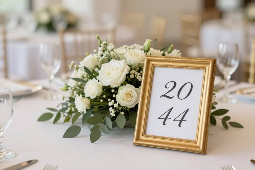 Wedding table number display with floral arrangement