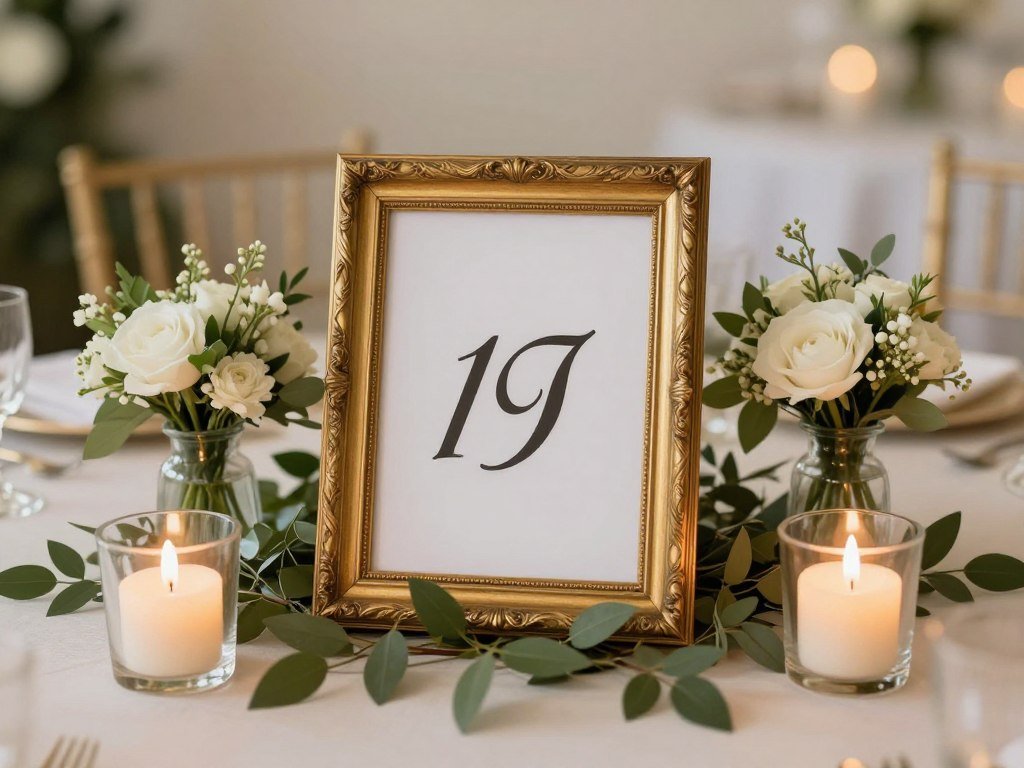 Wedding table numbers in gold frames surrounded by greenery and small flower arrangements