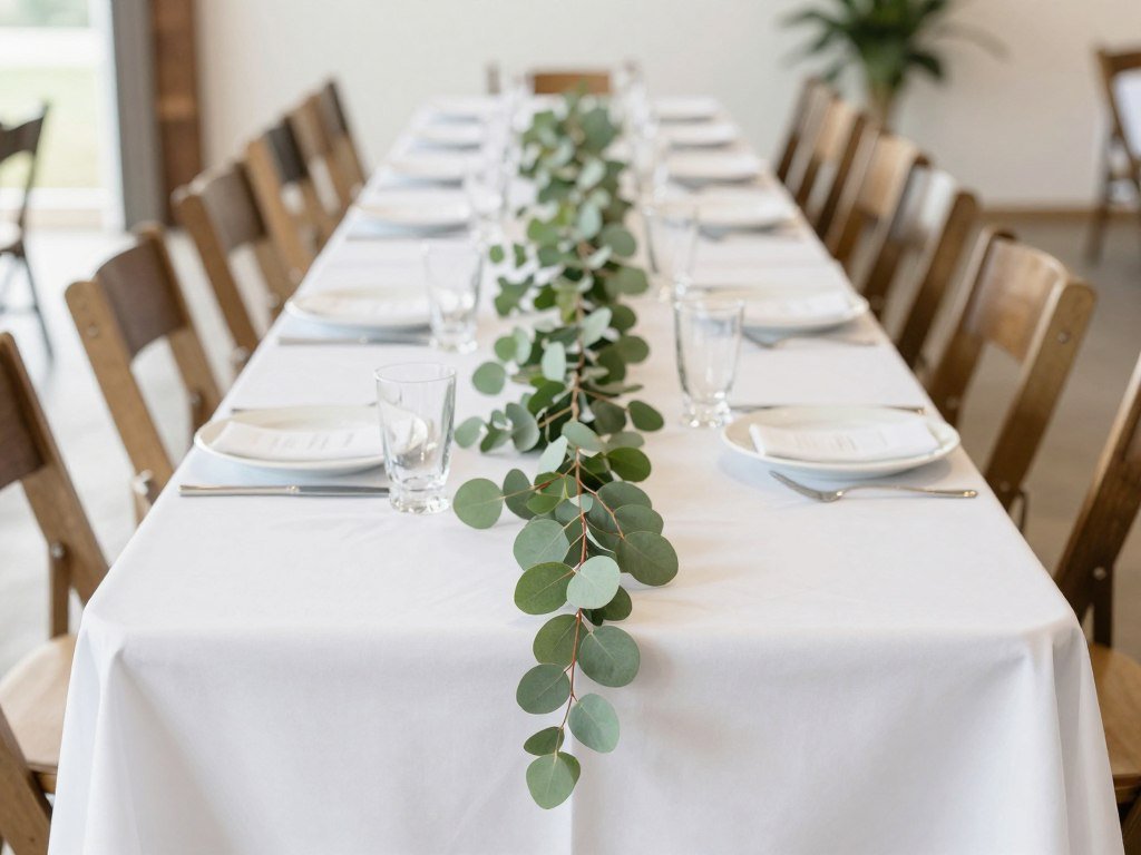 Wedding table with a simple eucalyptus greenery runner Wedding table with a simple eucalyptus greenery runner