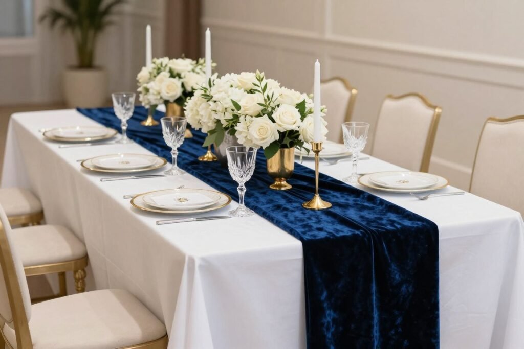 Wedding table with luxurious velvet table runner in deep blue with gold accents and white floral centerpieces