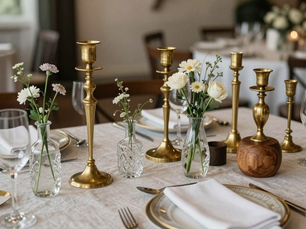Wedding table with mixed materials including brass candlesticks, crystal vases, and wooden elements