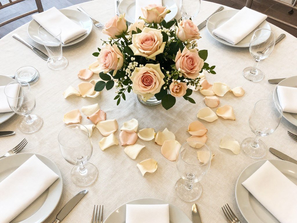 Wedding table with scattered rose petals around centerpiece