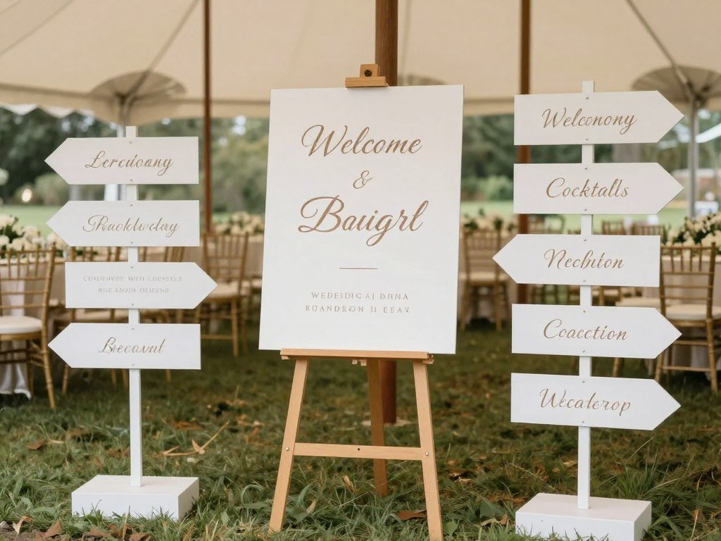 Wedding tent entrance with custom welcome sign and coordinated directional signage