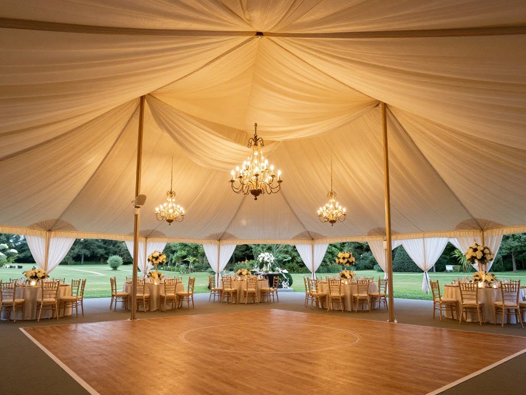 Wedding tent interior with elegant decorations