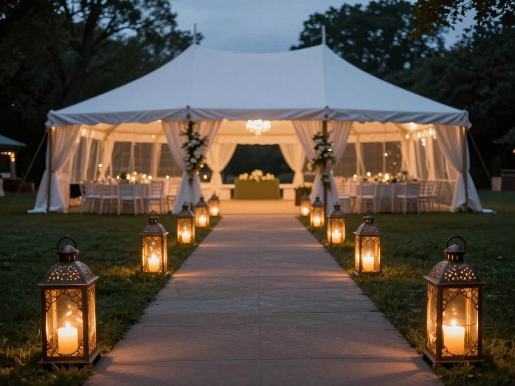 Wedding tent pathway lined with glowing lanterns leading to the entrance