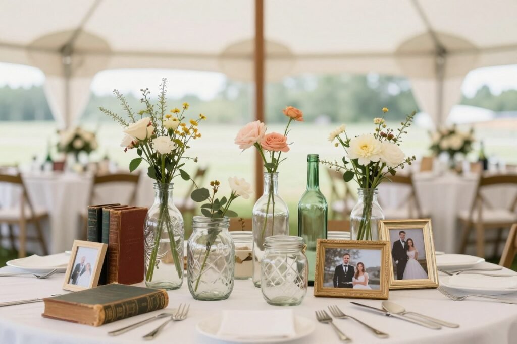 Wedding tent table with repurposed vintage items, collected jars as vases, and personal touches