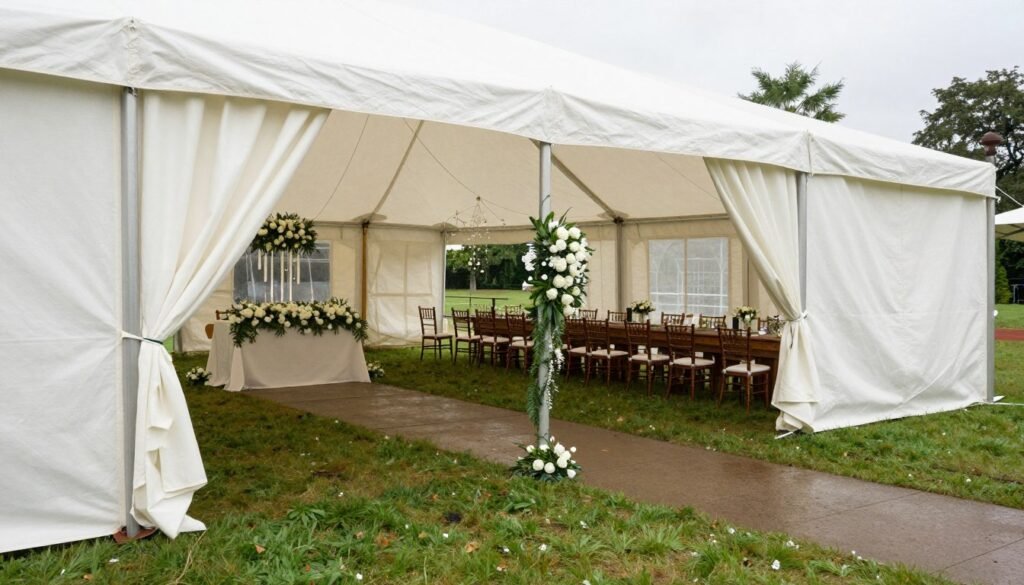 Wedding tent with side walls, secure decorations, and weather-appropriate setup